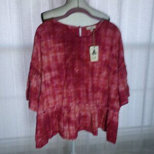 EASEL NWT 3/4 Flowy Sleeve Scoop Neck Red/ Orange Plaid Blouse L